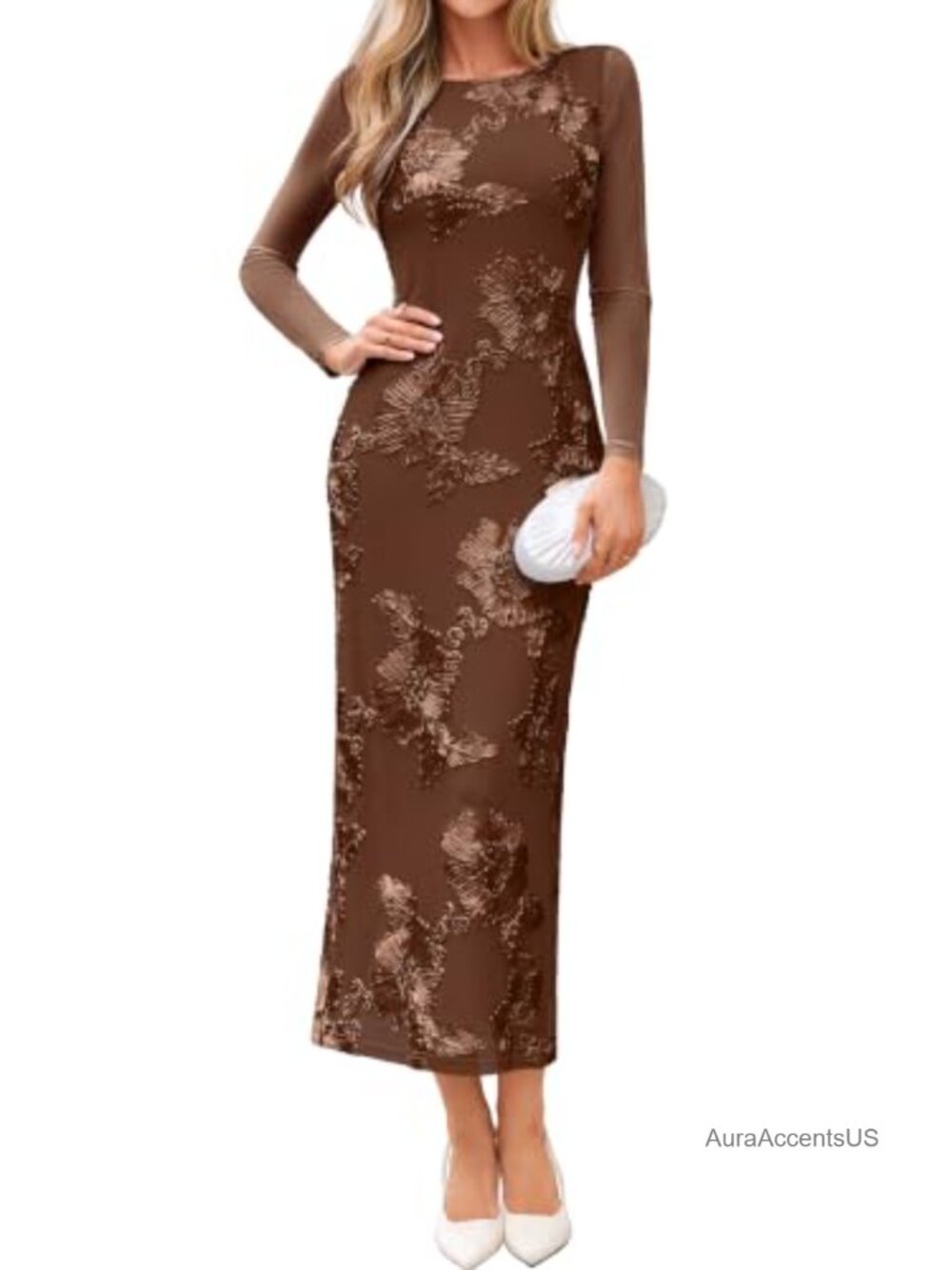 Womens Bodycon Floral Mesh Maxi Dress Long Sleeve Wedding Guest